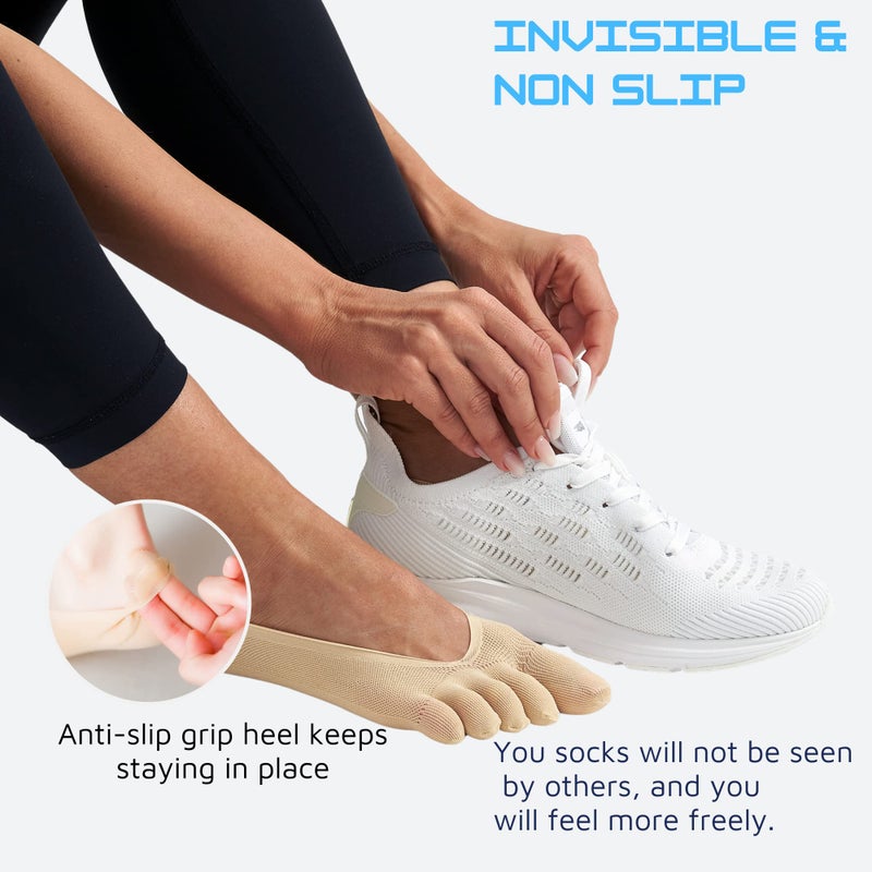 Soxbang 4 Pairs Women No Show Toe Socks Five Finger Liner Socks Non-Slip for Sneaker Boat Shoes,4 Beige - Image 5